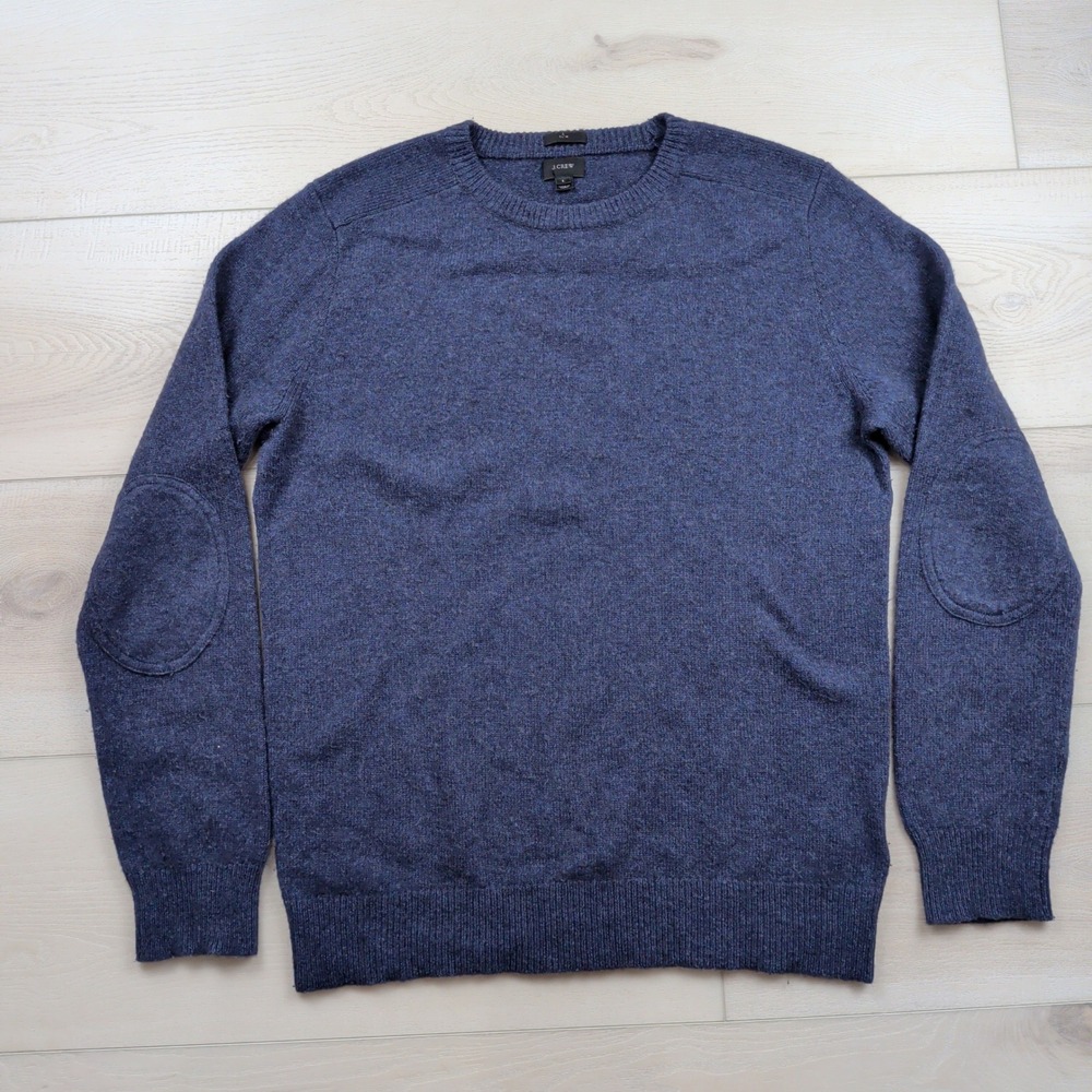 J.Crew Slim Merino Wool Alpaca Blend Sweater Mens L Elbow Patch Crewneck Blue